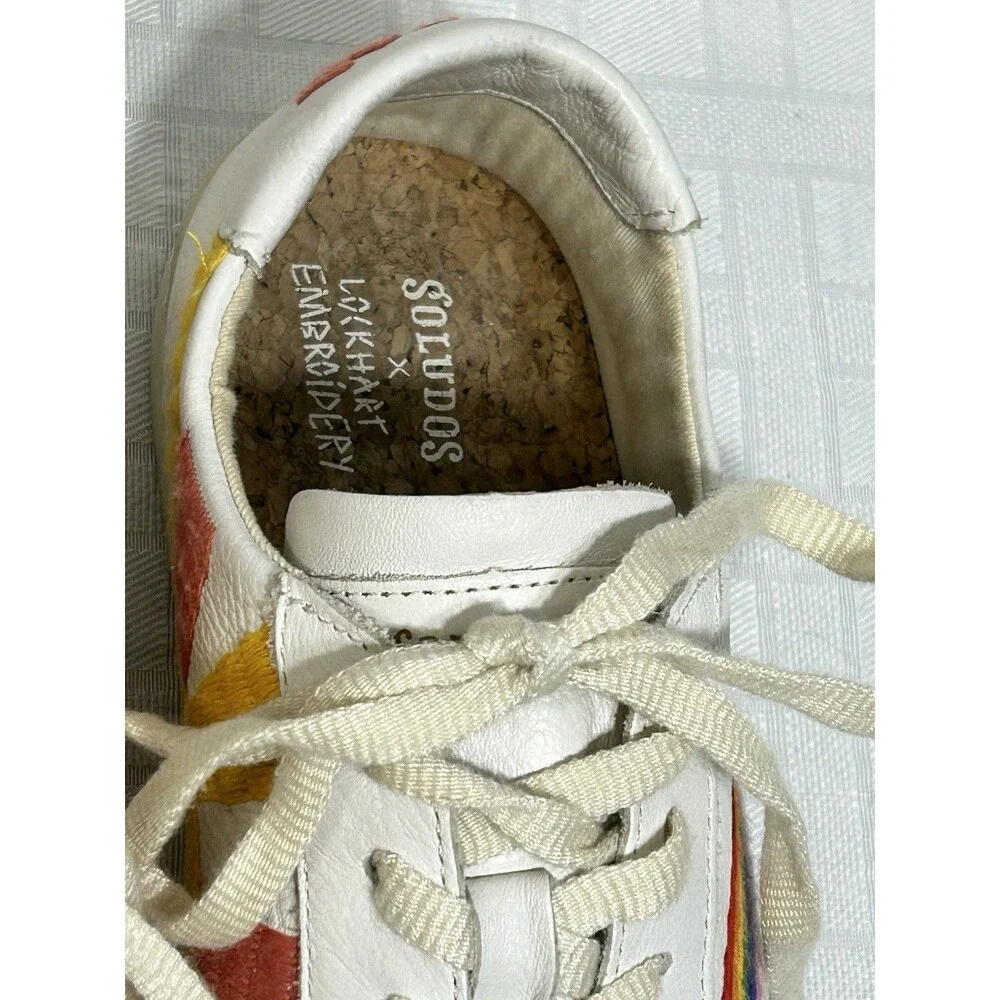 Soludos White Leather Shoe Women's Size 9 Rainbow Sunrise Embroidery Retro 80s